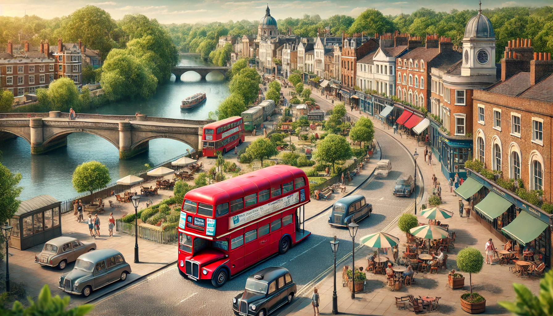 Depiction of a vintage London Routemaster bus driving through Richmond on Thames